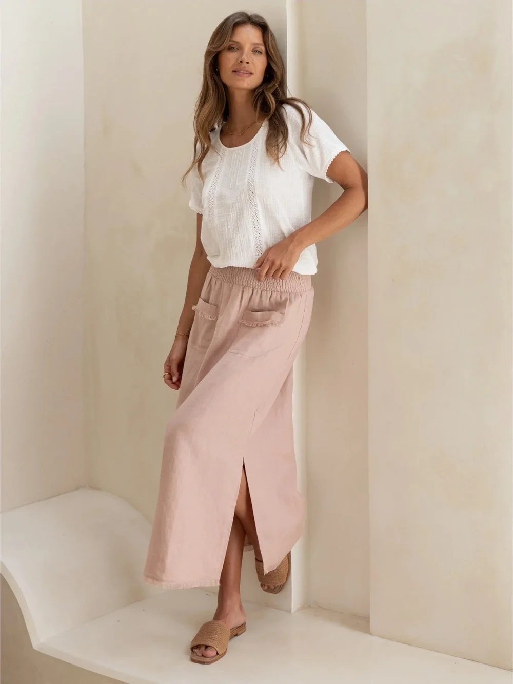 NWT Nomad The Label Aurora French Linen Maxi Skirt in Tea Rose
